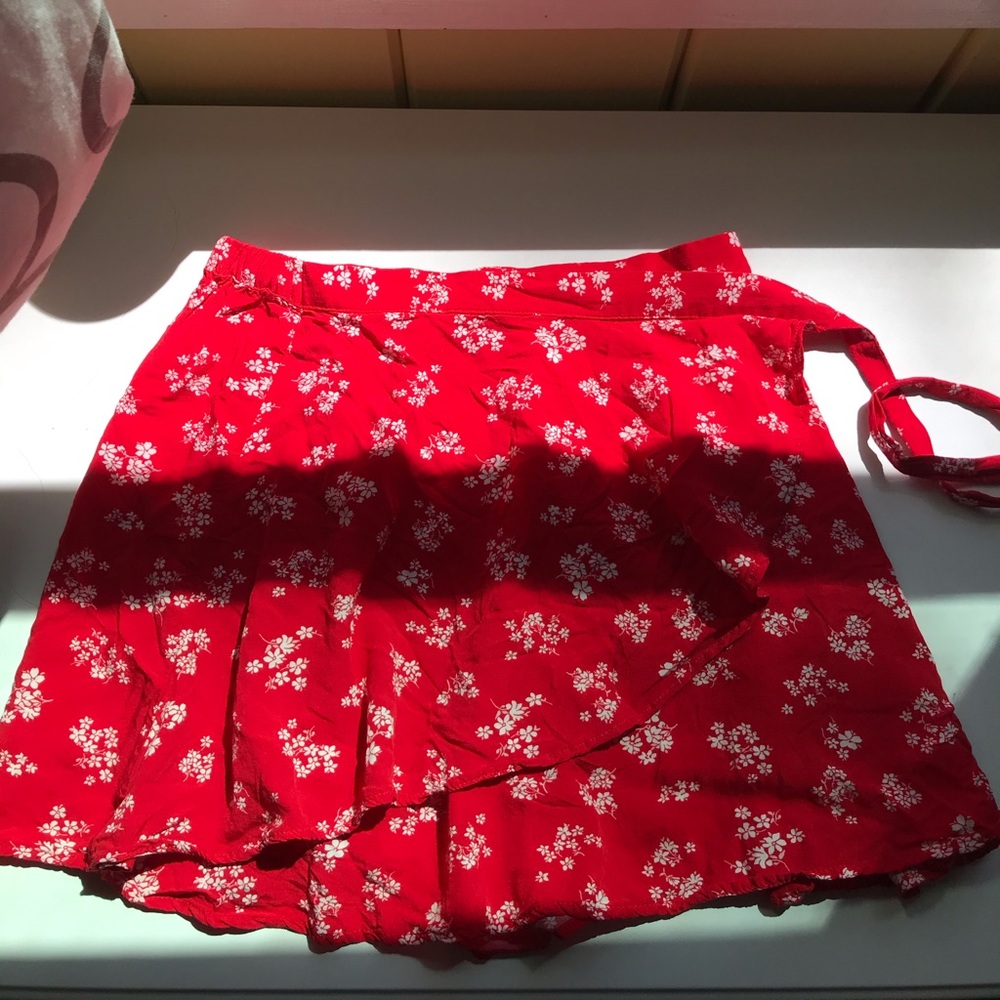 red floral wrap skirt